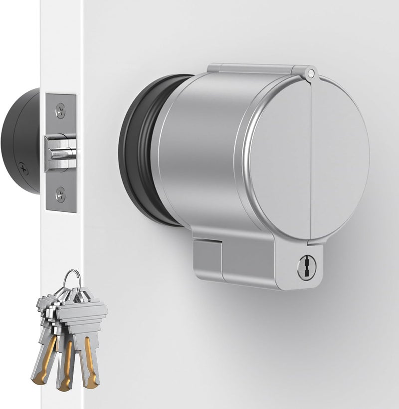 AST Door Knob Lockout Device with 3 Keys, Childproof Door Knob Covers, Lock Out to Smart Doorknob. Safety Cover for Faucet, Valve, Spigot. Prevent Access to Keyhole, Matte Silver with Brass Keys - Image 1